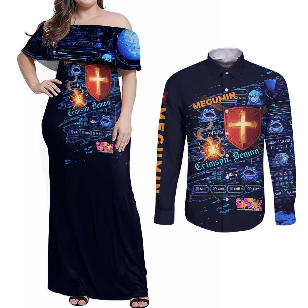 Megumin Crimson Demon Couples Matching Off Shoulder Maxi Dress and Long Sleeve Button Shirt Retro Anime RPG Interface Style