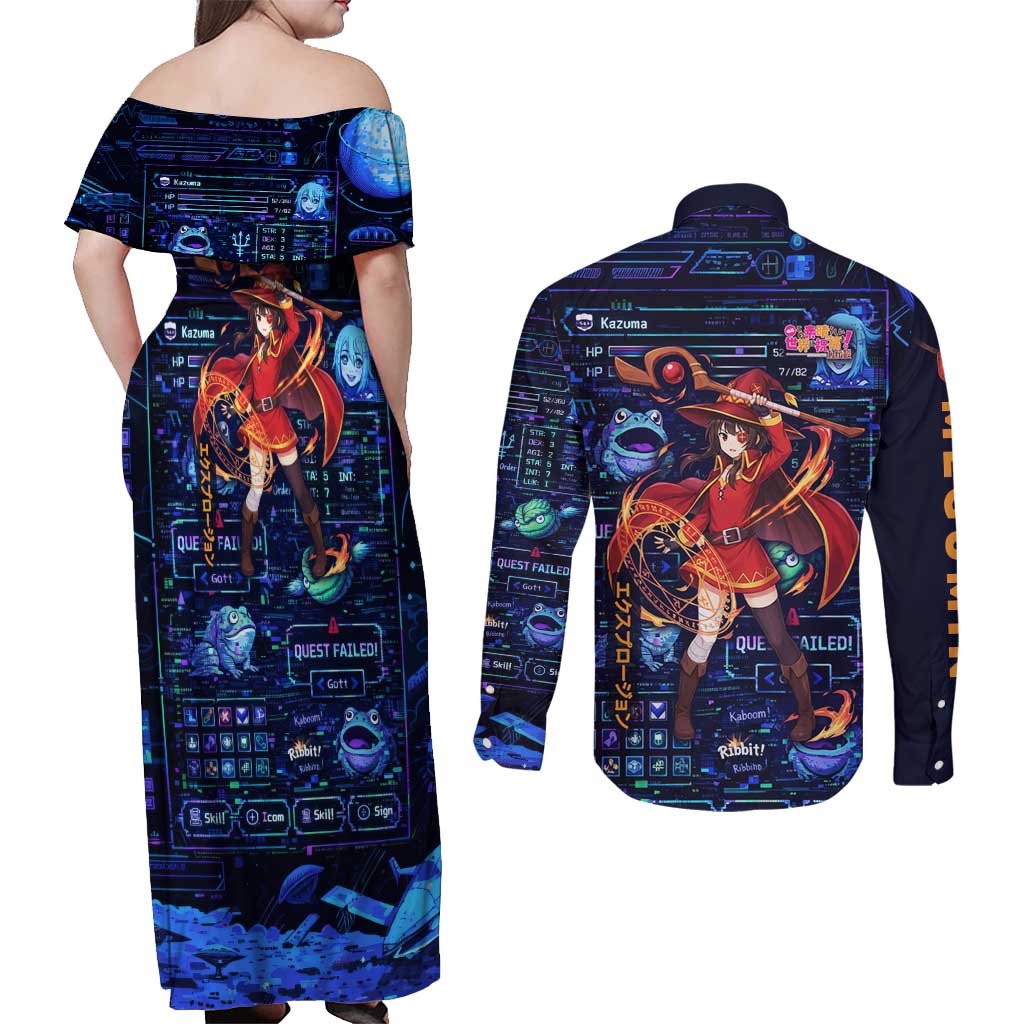 Megumin Crimson Demon Couples Matching Off Shoulder Maxi Dress and Long Sleeve Button Shirt Retro Anime RPG Interface Style
