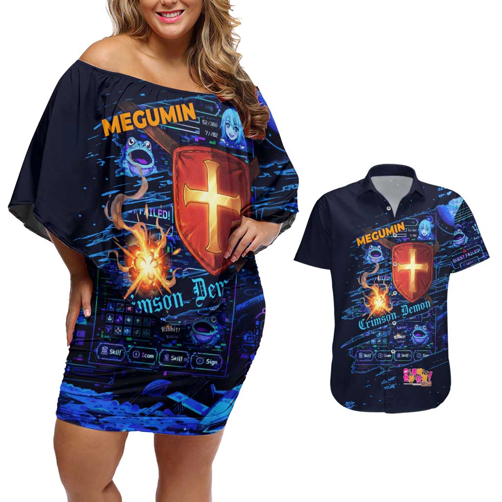Megumin Crimson Demon Couples Matching Off Shoulder Short Dress and Hawaiian Shirt Retro Anime RPG Interface Style