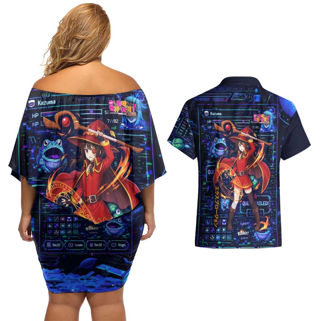 Megumin Crimson Demon Couples Matching Off Shoulder Short Dress and Hawaiian Shirt Retro Anime RPG Interface Style