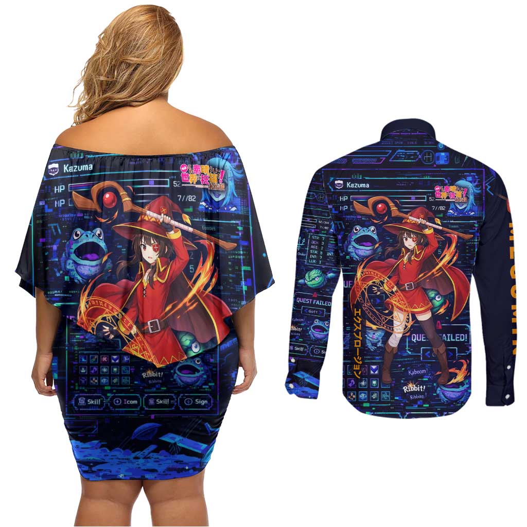 Megumin Crimson Demon Couples Matching Off Shoulder Short Dress and Long Sleeve Button Shirt Retro Anime RPG Interface Style