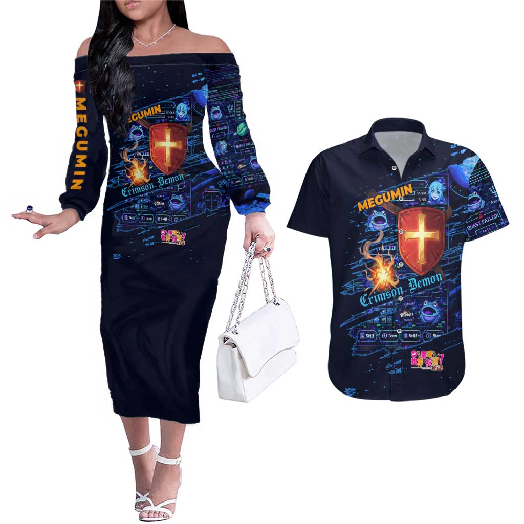 Megumin Crimson Demon Couples Matching Off The Shoulder Long Sleeve Dress and Hawaiian Shirt Retro Anime RPG Interface Style
