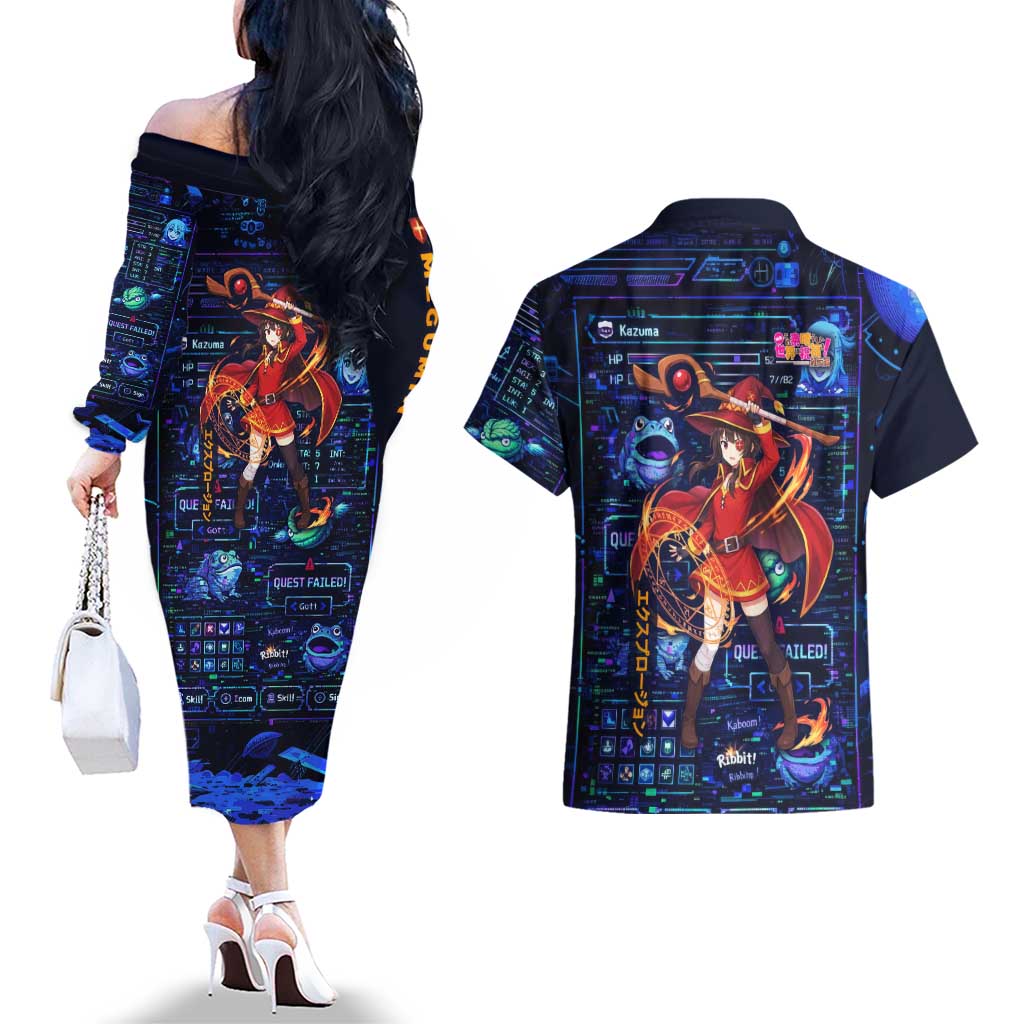 Megumin Crimson Demon Couples Matching Off The Shoulder Long Sleeve Dress and Hawaiian Shirt Retro Anime RPG Interface Style