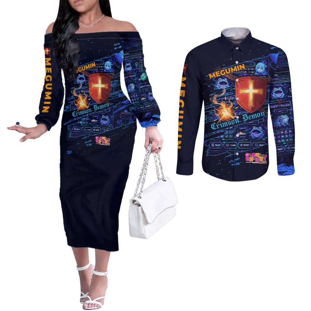 Megumin Crimson Demon Couples Matching Off The Shoulder Long Sleeve Dress and Long Sleeve Button Shirt Retro Anime RPG Interface Style