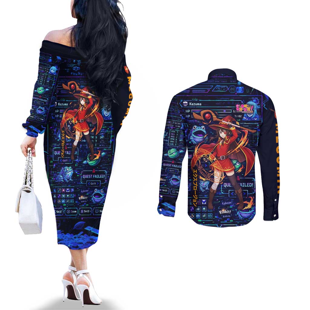 Megumin Crimson Demon Couples Matching Off The Shoulder Long Sleeve Dress and Long Sleeve Button Shirt Retro Anime RPG Interface Style