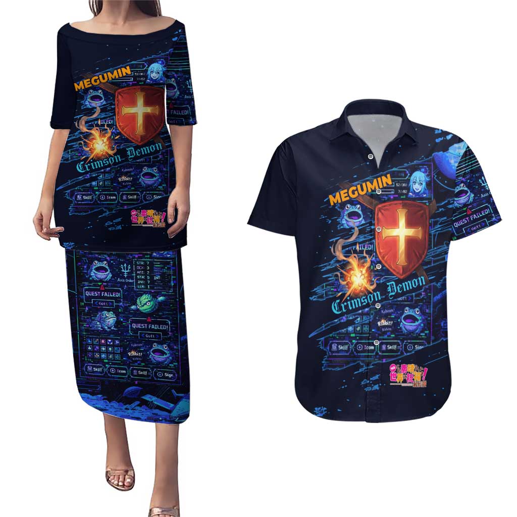 Megumin Crimson Demon Couples Matching Puletasi and Hawaiian Shirt Retro Anime RPG Interface Style
