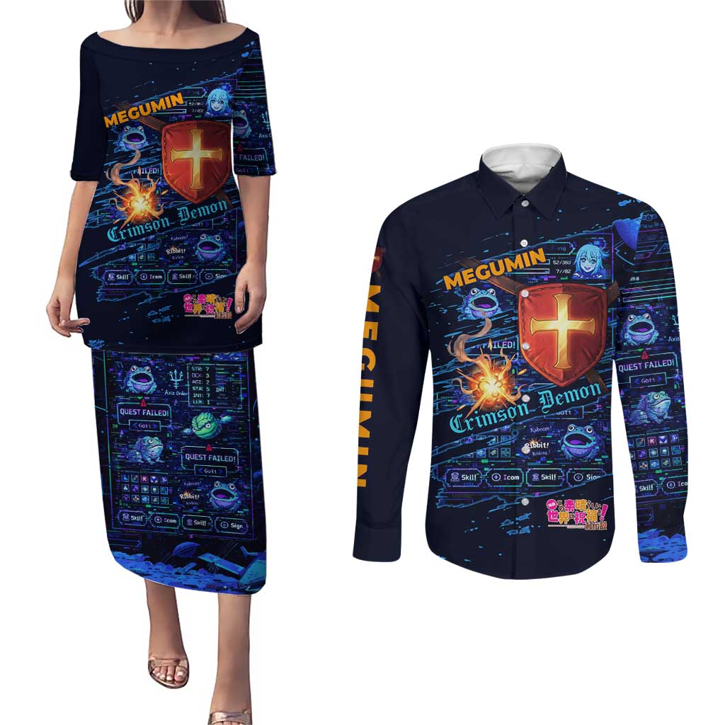Megumin Crimson Demon Couples Matching Puletasi and Long Sleeve Button Shirt Retro Anime RPG Interface Style