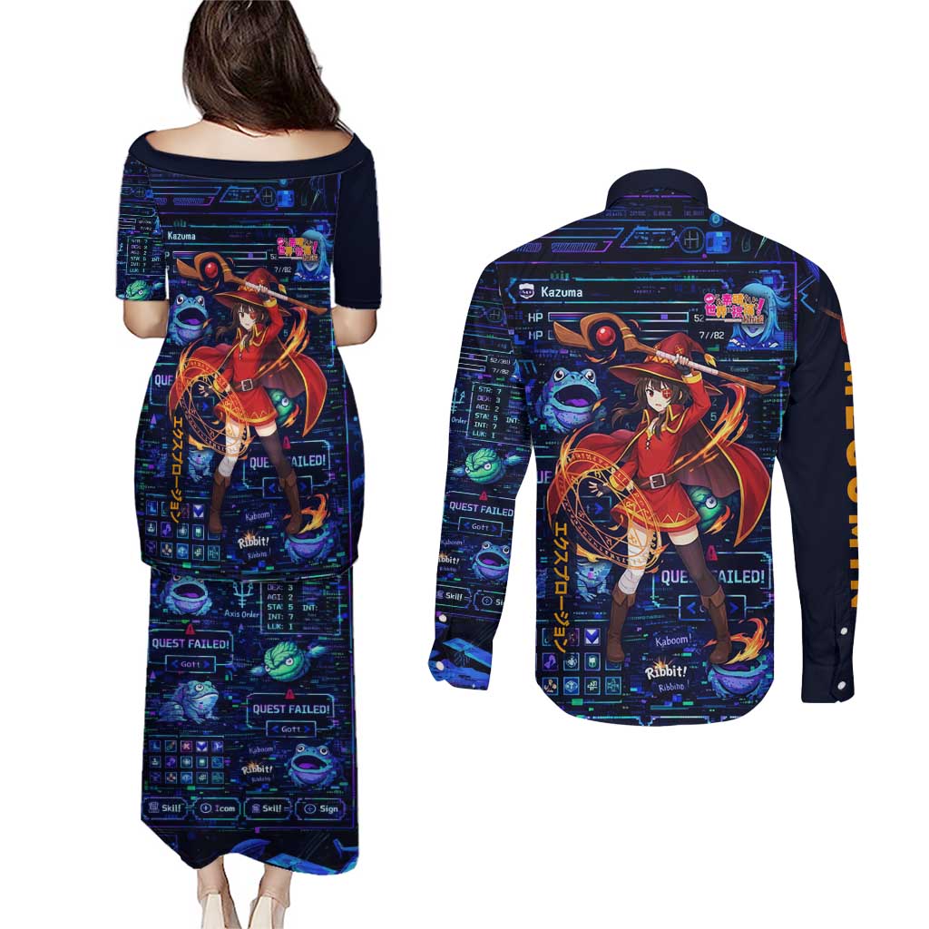 Megumin Crimson Demon Couples Matching Puletasi and Long Sleeve Button Shirt Retro Anime RPG Interface Style