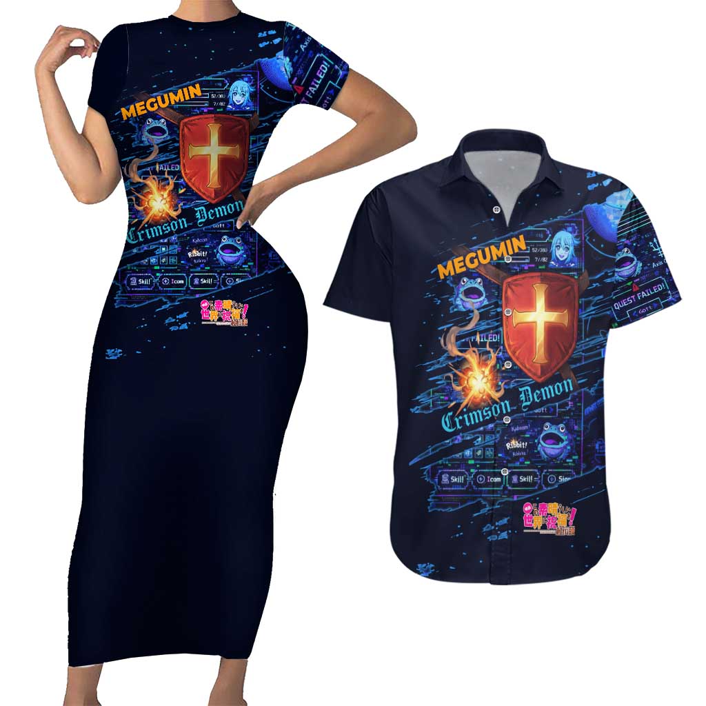 Megumin Crimson Demon Couples Matching Short Sleeve Bodycon Dress and Hawaiian Shirt Retro Anime RPG Interface Style