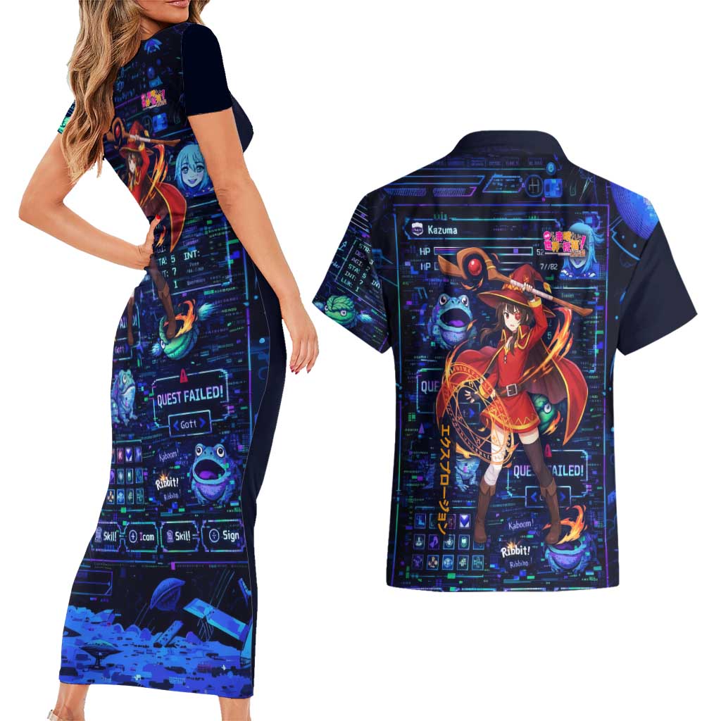 Megumin Crimson Demon Couples Matching Short Sleeve Bodycon Dress and Hawaiian Shirt Retro Anime RPG Interface Style