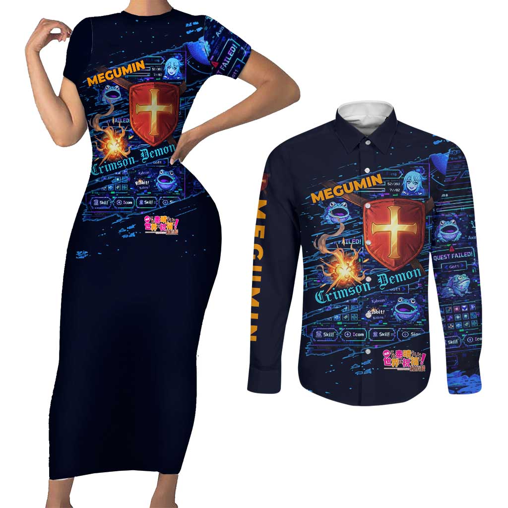 Megumin Crimson Demon Couples Matching Short Sleeve Bodycon Dress and Long Sleeve Button Shirt Retro Anime RPG Interface Style