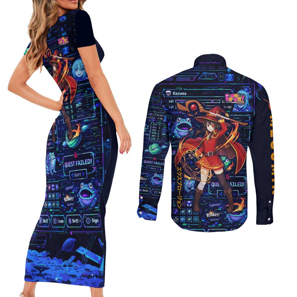 Megumin Crimson Demon Couples Matching Short Sleeve Bodycon Dress and Long Sleeve Button Shirt Retro Anime RPG Interface Style
