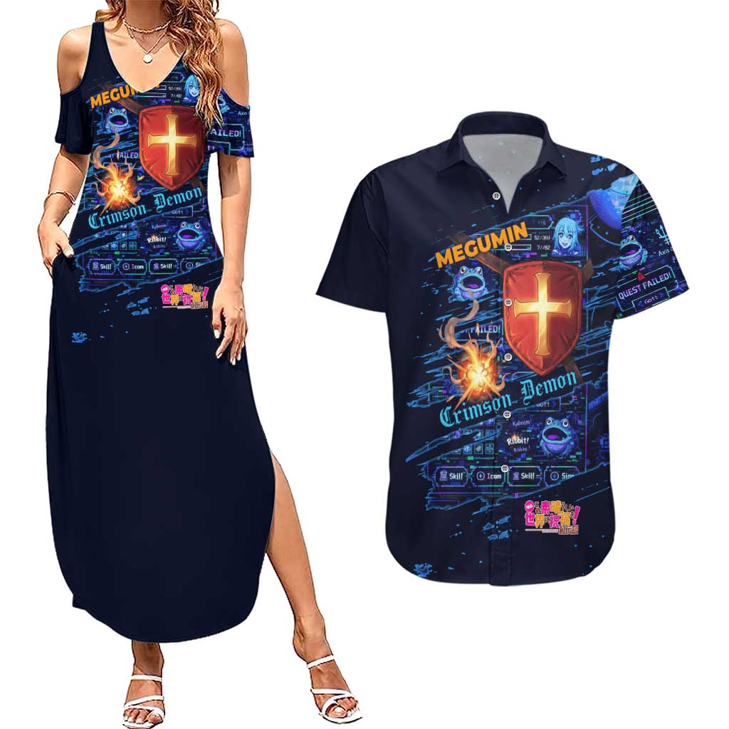 Megumin Crimson Demon Couples Matching Summer Maxi Dress and Hawaiian Shirt Retro Anime RPG Interface Style