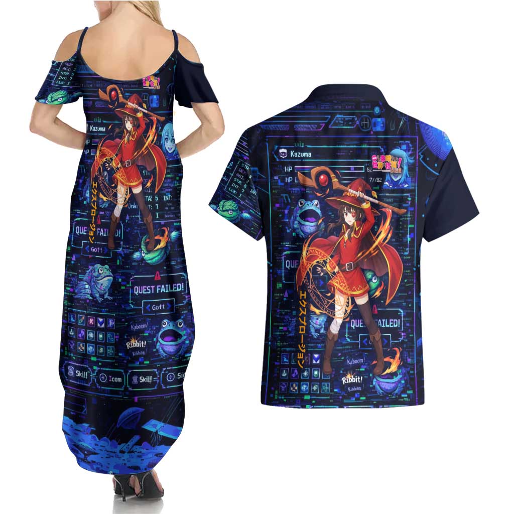 Megumin Crimson Demon Couples Matching Summer Maxi Dress and Hawaiian Shirt Retro Anime RPG Interface Style
