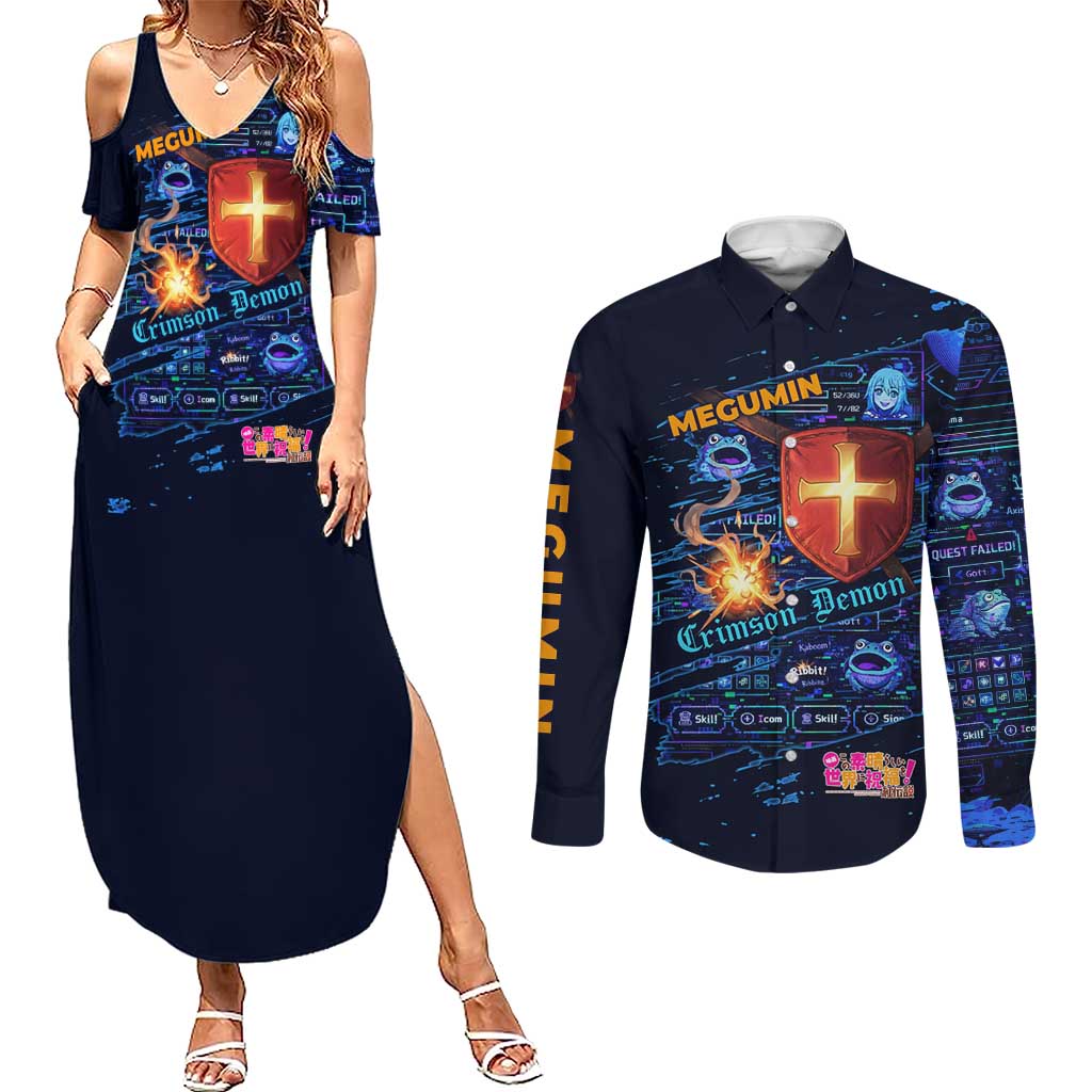 Megumin Crimson Demon Couples Matching Summer Maxi Dress and Long Sleeve Button Shirt Retro Anime RPG Interface Style
