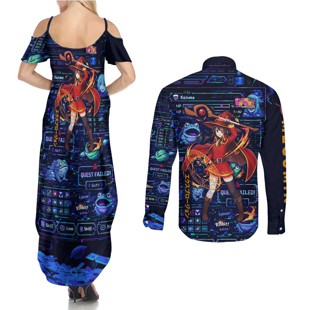 Megumin Crimson Demon Couples Matching Summer Maxi Dress and Long Sleeve Button Shirt Retro Anime RPG Interface Style
