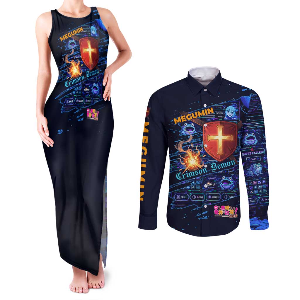 Megumin Crimson Demon Couples Matching Tank Maxi Dress and Long Sleeve Button Shirt Retro Anime RPG Interface Style