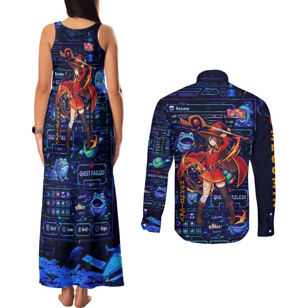 Megumin Crimson Demon Couples Matching Tank Maxi Dress and Long Sleeve Button Shirt Retro Anime RPG Interface Style