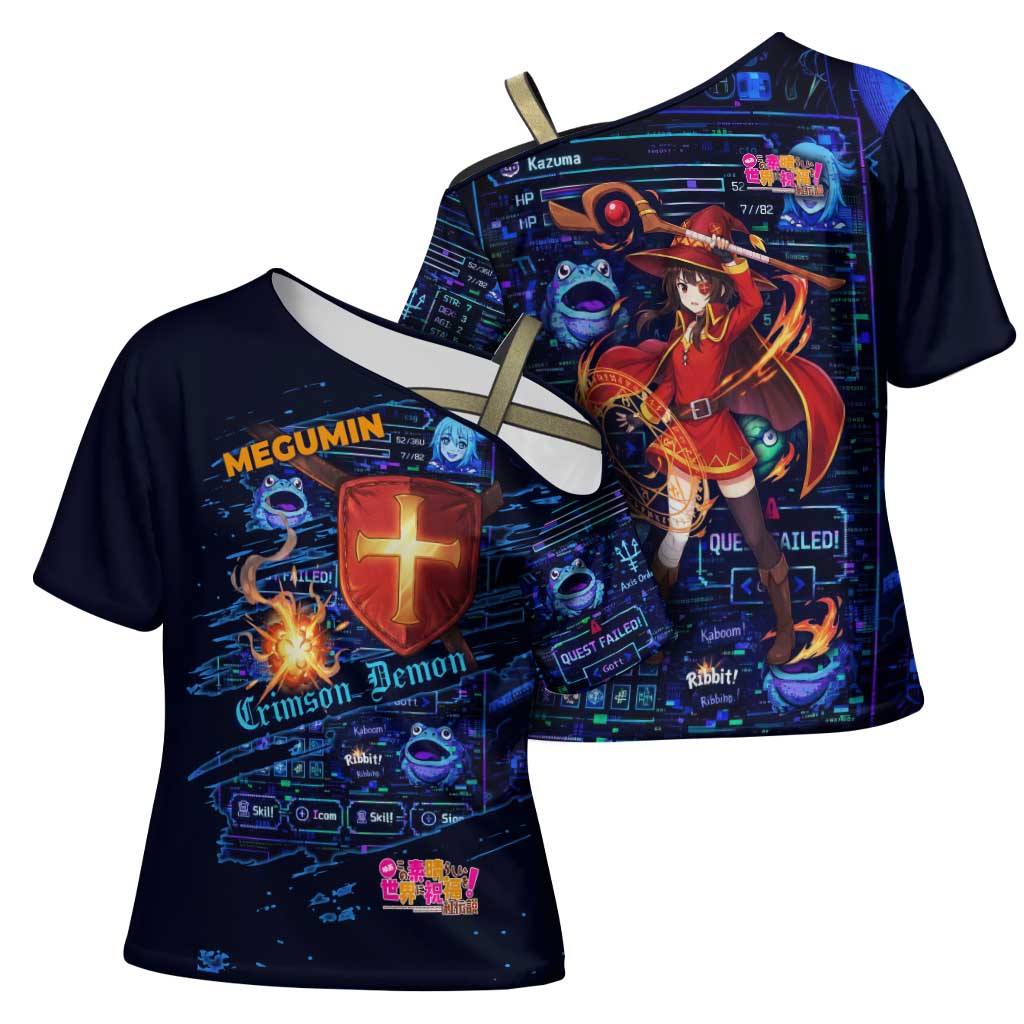 Megumin Crimson Demon Cross Shoulder Shirt Retro Anime RPG Interface Style