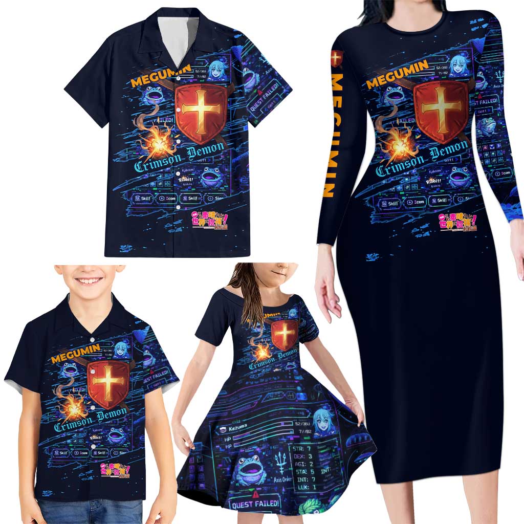 Megumin Crimson Demon Family Matching Long Sleeve Bodycon Dress and Hawaiian Shirt Retro Anime RPG Interface Style