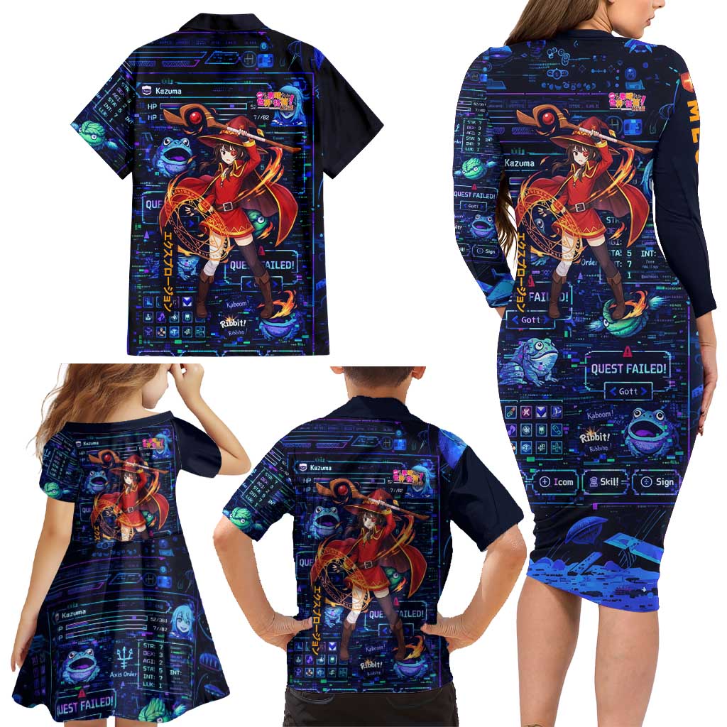 Megumin Crimson Demon Family Matching Long Sleeve Bodycon Dress and Hawaiian Shirt Retro Anime RPG Interface Style