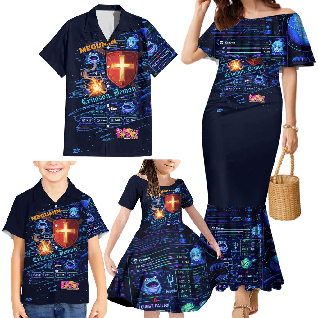 Megumin Crimson Demon Family Matching Mermaid Dress and Hawaiian Shirt Retro Anime RPG Interface Style