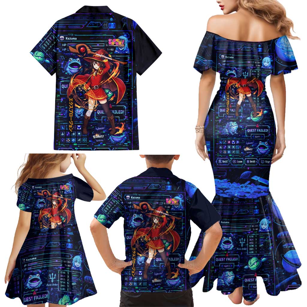 Megumin Crimson Demon Family Matching Mermaid Dress and Hawaiian Shirt Retro Anime RPG Interface Style