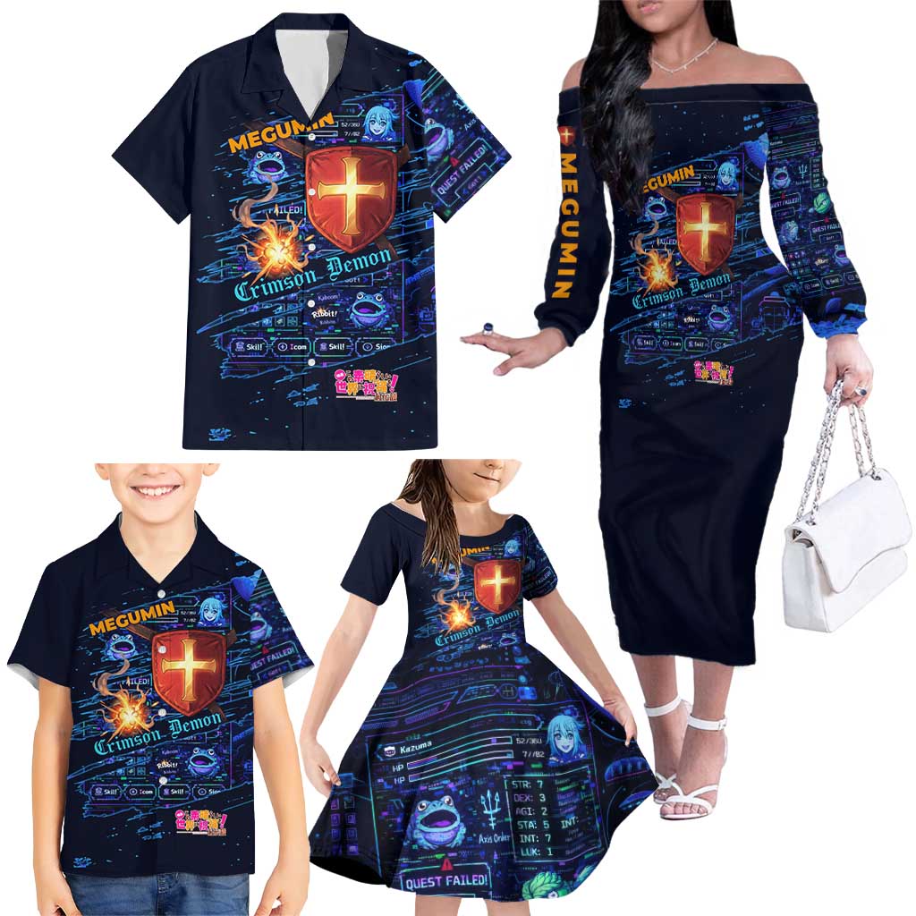 Megumin Crimson Demon Family Matching Off The Shoulder Long Sleeve Dress and Hawaiian Shirt Retro Anime RPG Interface Style