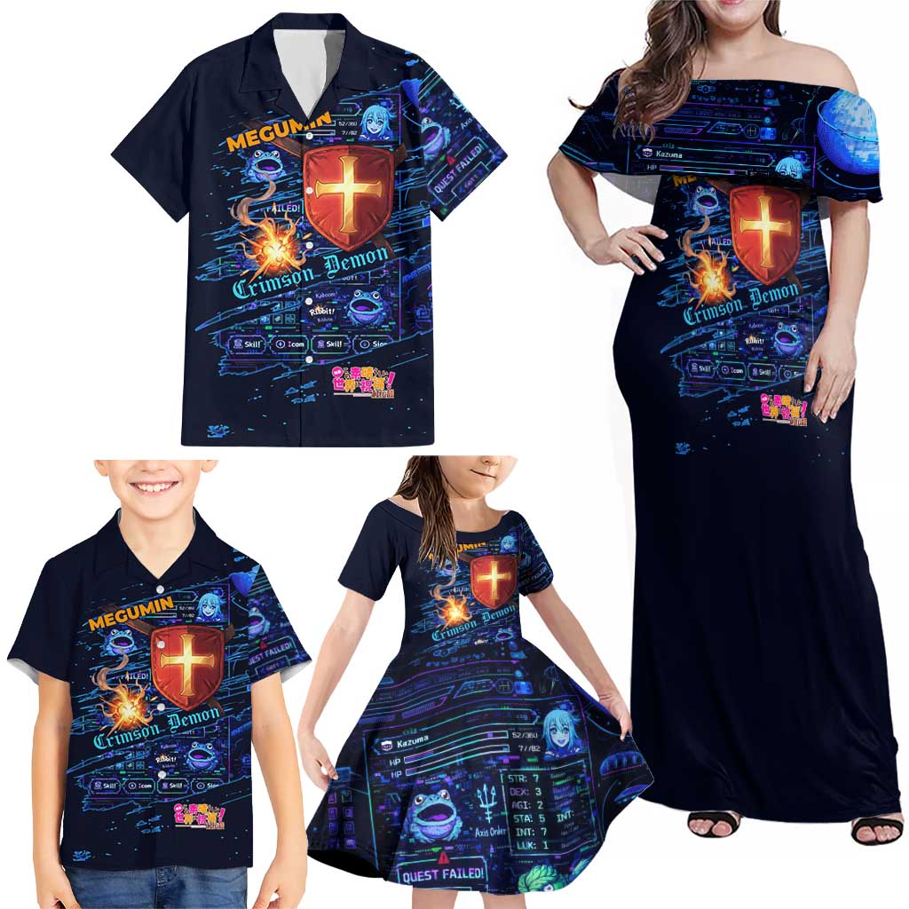 Megumin Crimson Demon Family Matching Off Shoulder Maxi Dress and Hawaiian Shirt Retro Anime RPG Interface Style