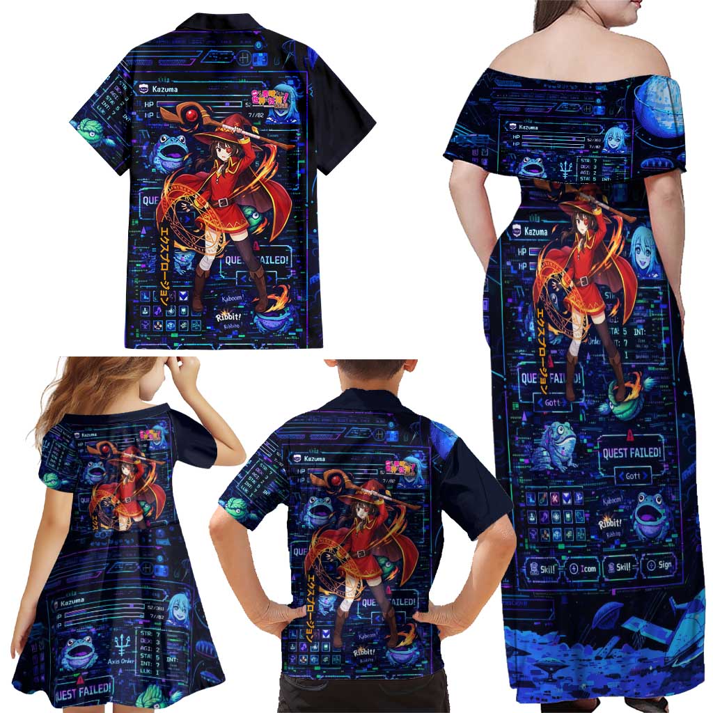 Megumin Crimson Demon Family Matching Off Shoulder Maxi Dress and Hawaiian Shirt Retro Anime RPG Interface Style