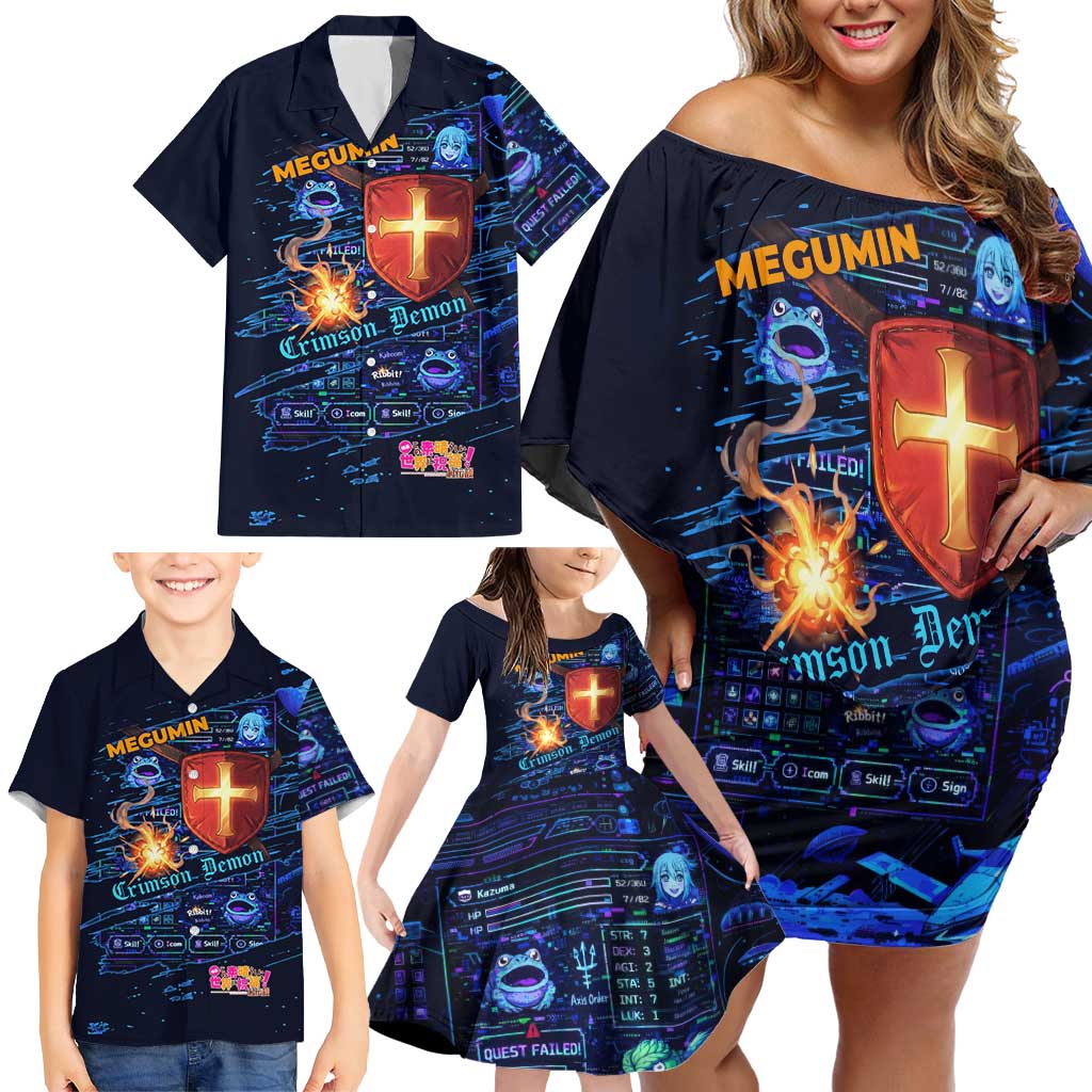 Megumin Crimson Demon Family Matching Off Shoulder Short Dress and Hawaiian Shirt Retro Anime RPG Interface Style
