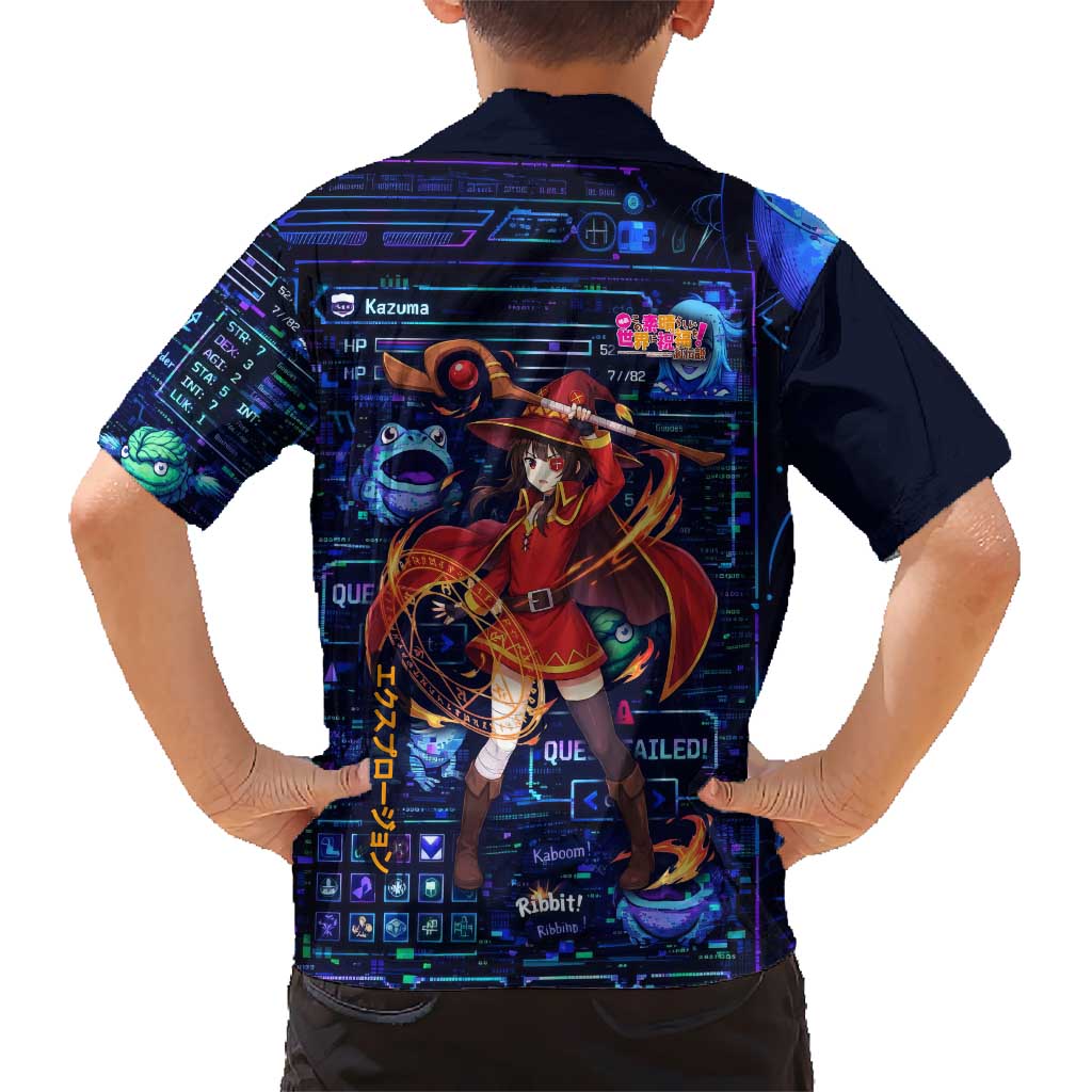 Megumin Crimson Demon Family Matching Off Shoulder Short Dress and Hawaiian Shirt Retro Anime RPG Interface Style