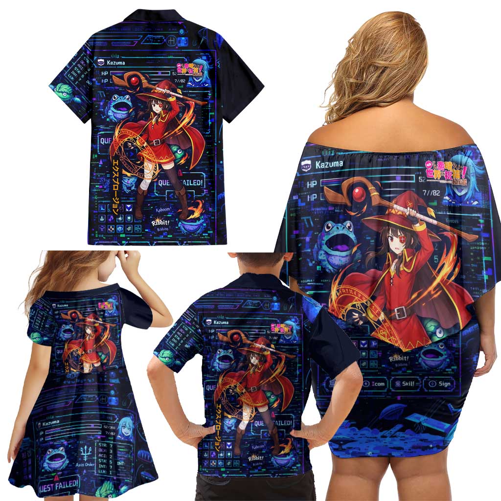 Megumin Crimson Demon Family Matching Off Shoulder Short Dress and Hawaiian Shirt Retro Anime RPG Interface Style