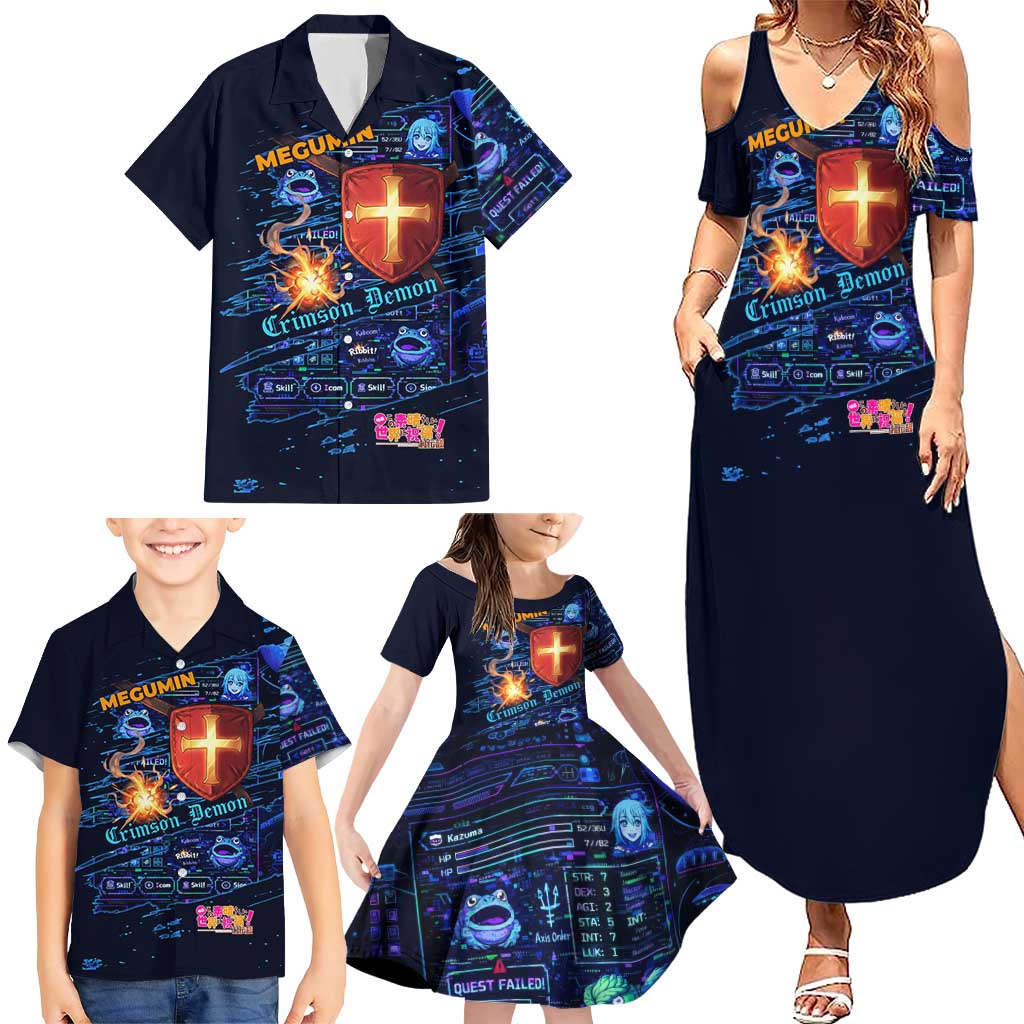 Megumin Crimson Demon Family Matching Summer Maxi Dress and Hawaiian Shirt Retro Anime RPG Interface Style