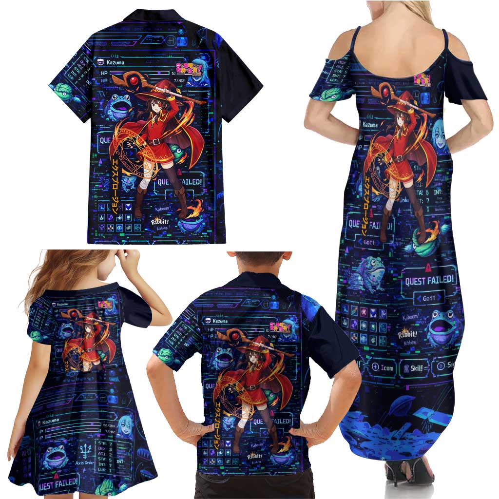 Megumin Crimson Demon Family Matching Summer Maxi Dress and Hawaiian Shirt Retro Anime RPG Interface Style