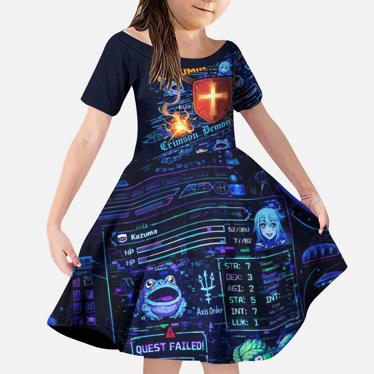 Megumin Crimson Demon Kid Short Sleeve Dress Retro Anime RPG Interface Style