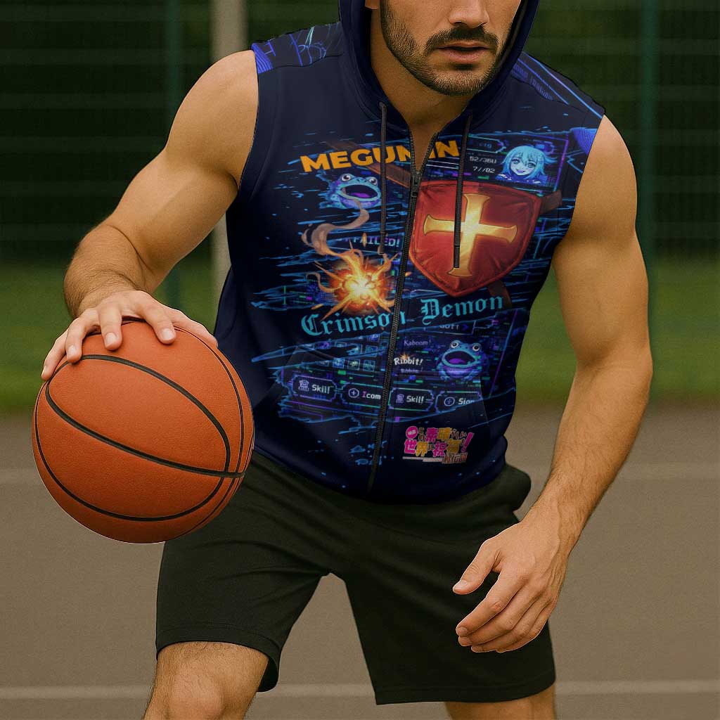 Megumin Crimson Demon Sleeveless Zip Hoodie Retro Anime RPG Interface Style
