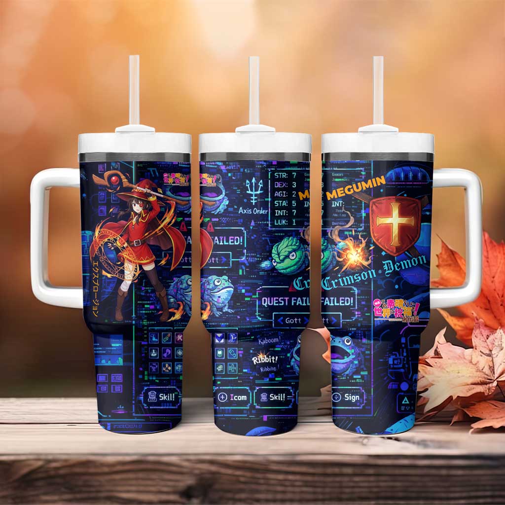 Megumin Crimson Demon Tumbler With Handle Retro Anime RPG Interface Style
