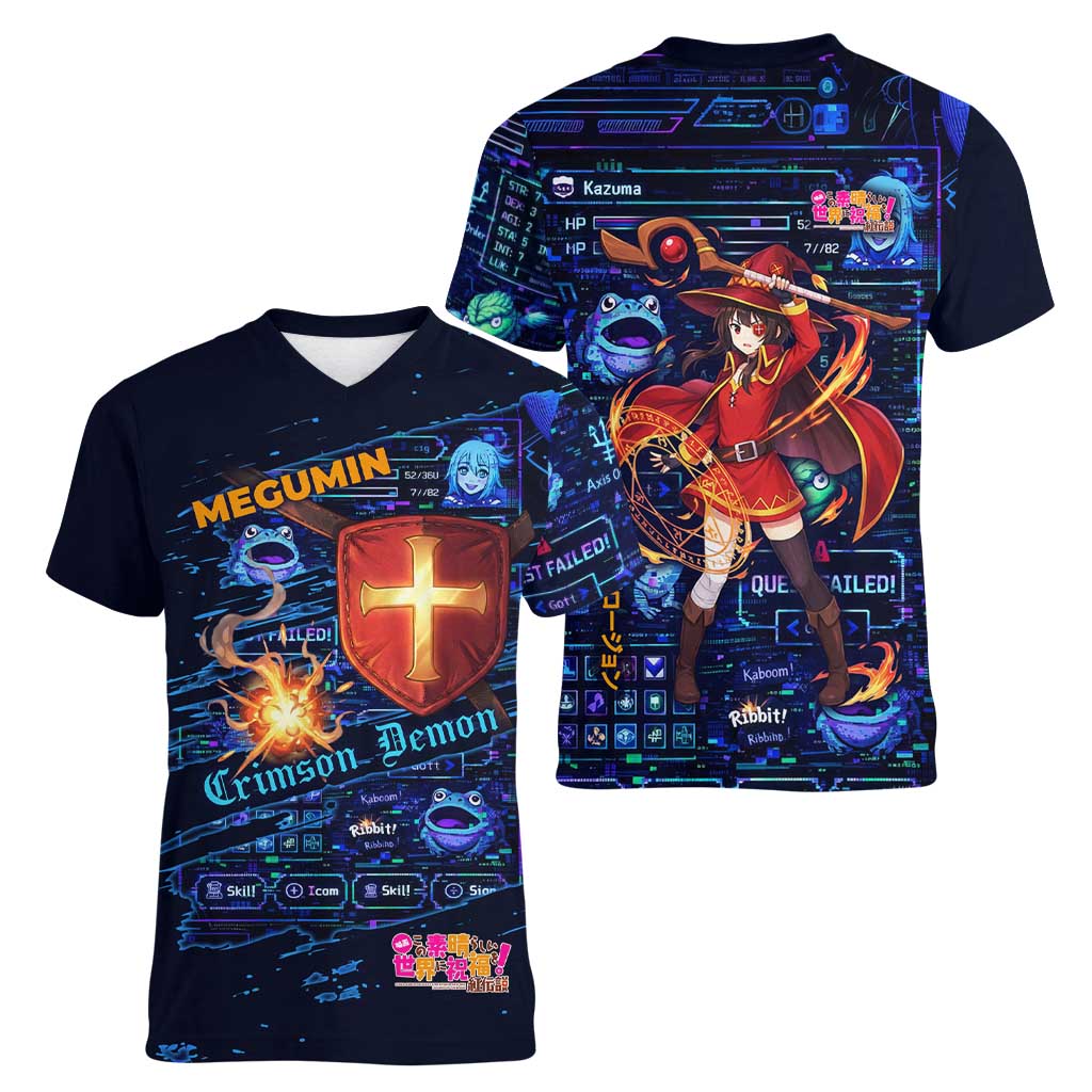 Megumin Crimson Demon Women V-Neck T-Shirt Retro Anime RPG Interface Style