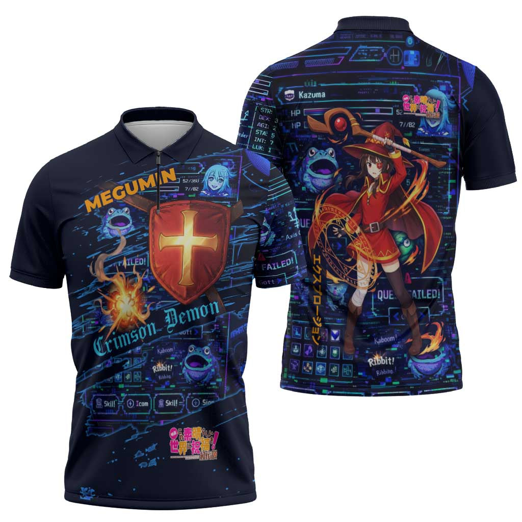 Megumin Crimson Demon Zipper Polo Shirt Retro Anime RPG Interface Style