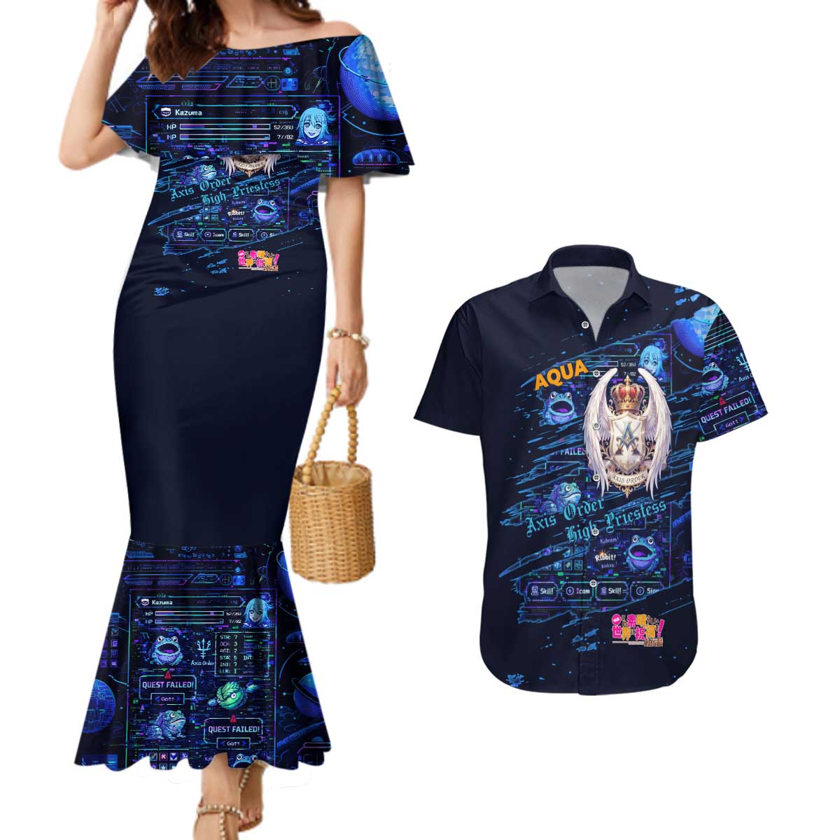 Aqua Axis Order High Priestess Couples Matching Mermaid Dress and Hawaiian Shirt Retro Anime RPG Interface Style
