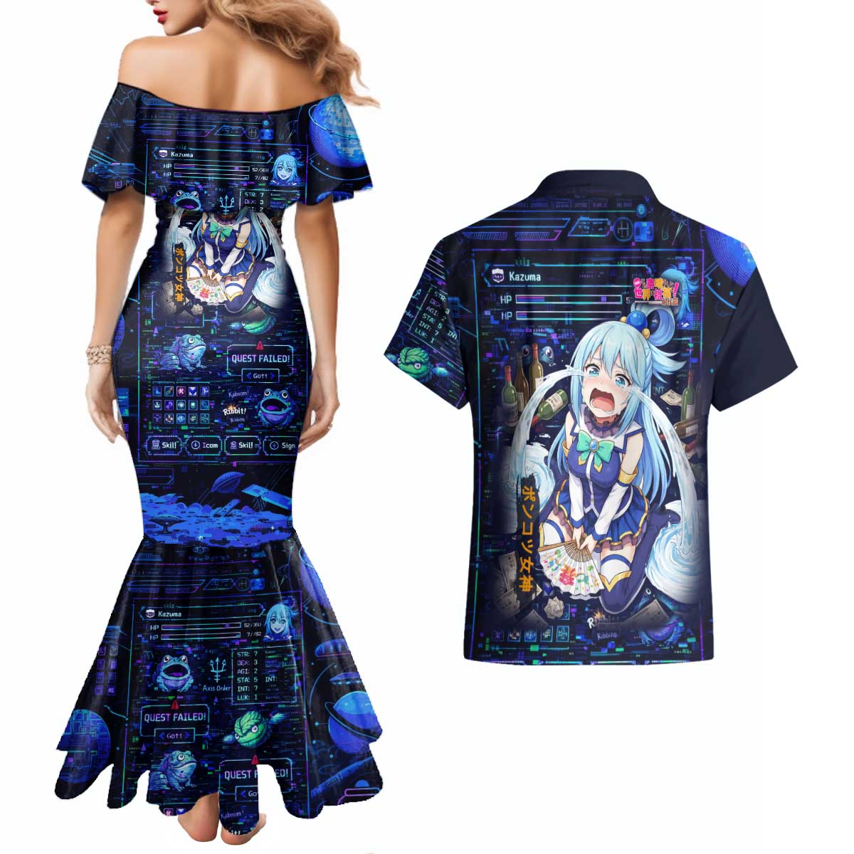 Aqua Axis Order High Priestess Couples Matching Mermaid Dress and Hawaiian Shirt Retro Anime RPG Interface Style