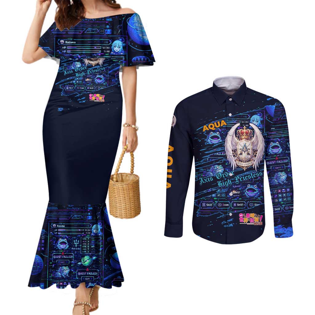 Aqua Axis Order High Priestess Couples Matching Mermaid Dress and Long Sleeve Button Shirt Retro Anime RPG Interface Style