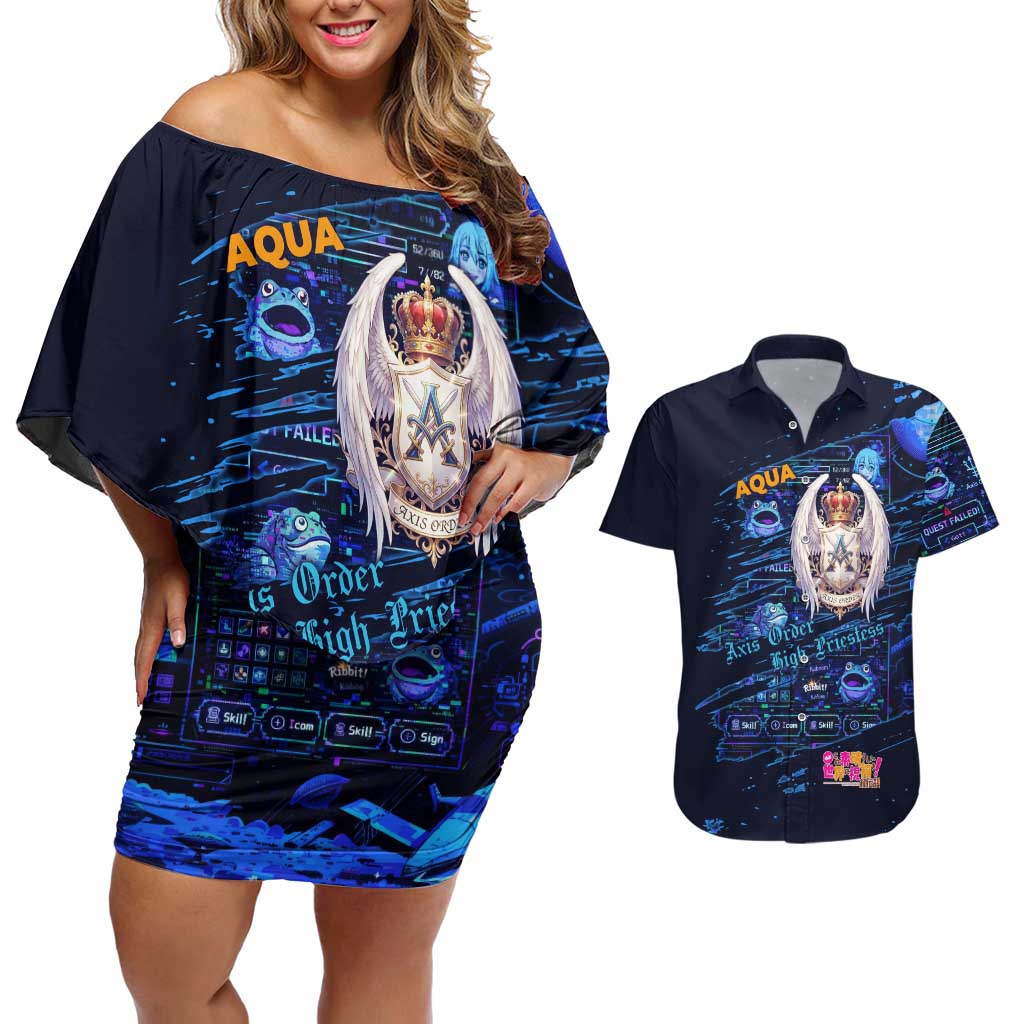 Aqua Axis Order High Priestess Couples Matching Off Shoulder Short Dress and Hawaiian Shirt Retro Anime RPG Interface Style