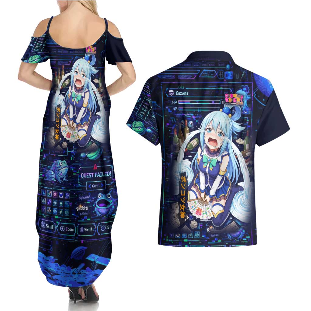 Aqua Axis Order High Priestess Couples Matching Summer Maxi Dress and Hawaiian Shirt Retro Anime RPG Interface Style