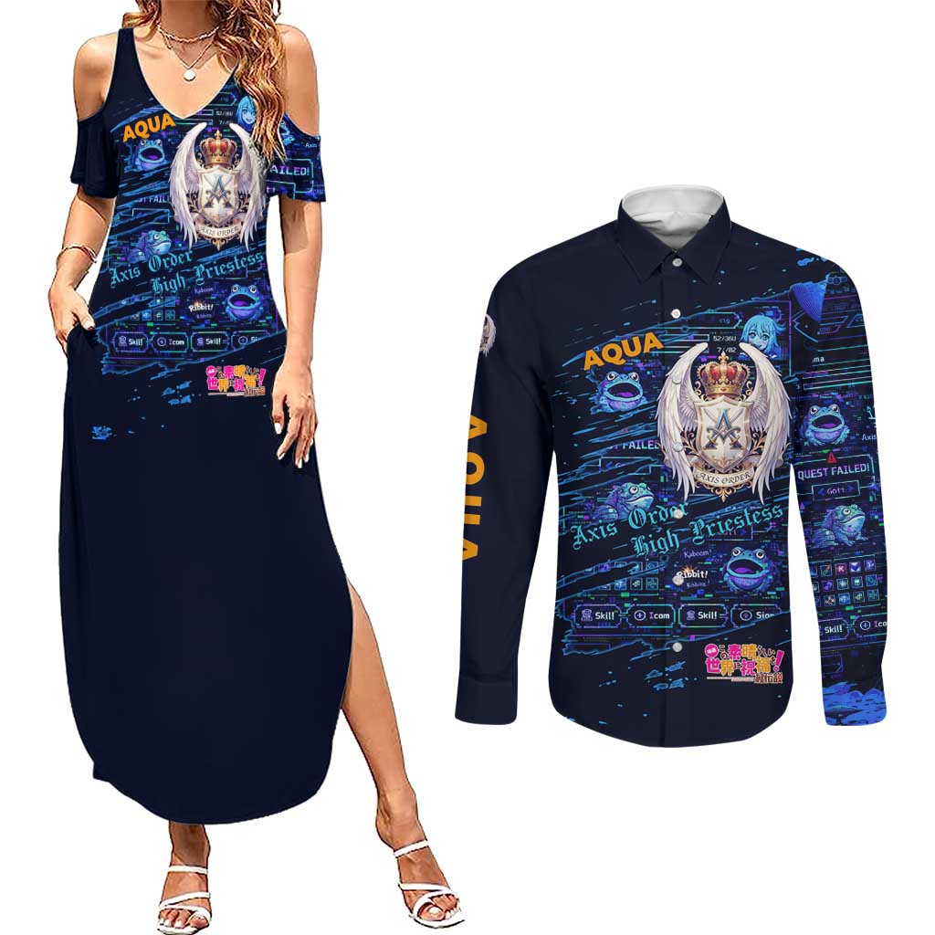 Aqua Axis Order High Priestess Couples Matching Summer Maxi Dress and Long Sleeve Button Shirt Retro Anime RPG Interface Style
