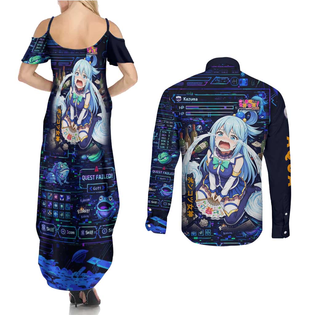 Aqua Axis Order High Priestess Couples Matching Summer Maxi Dress and Long Sleeve Button Shirt Retro Anime RPG Interface Style