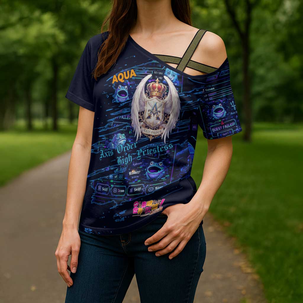 Aqua Axis Order High Priestess Cross Shoulder Shirt Retro Anime RPG Interface Style