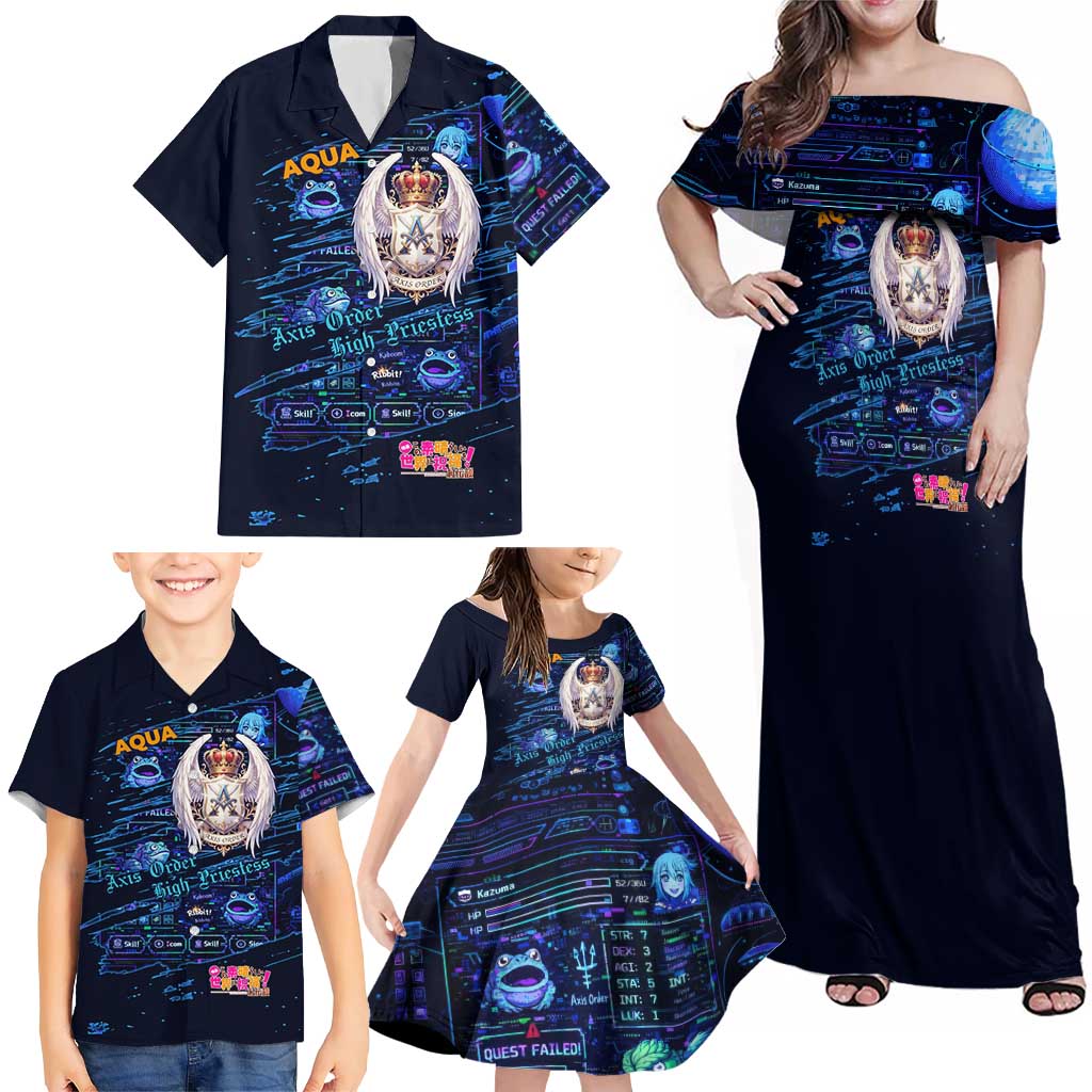 Aqua Axis Order High Priestess Family Matching Off Shoulder Maxi Dress and Hawaiian Shirt Retro Anime RPG Interface Style