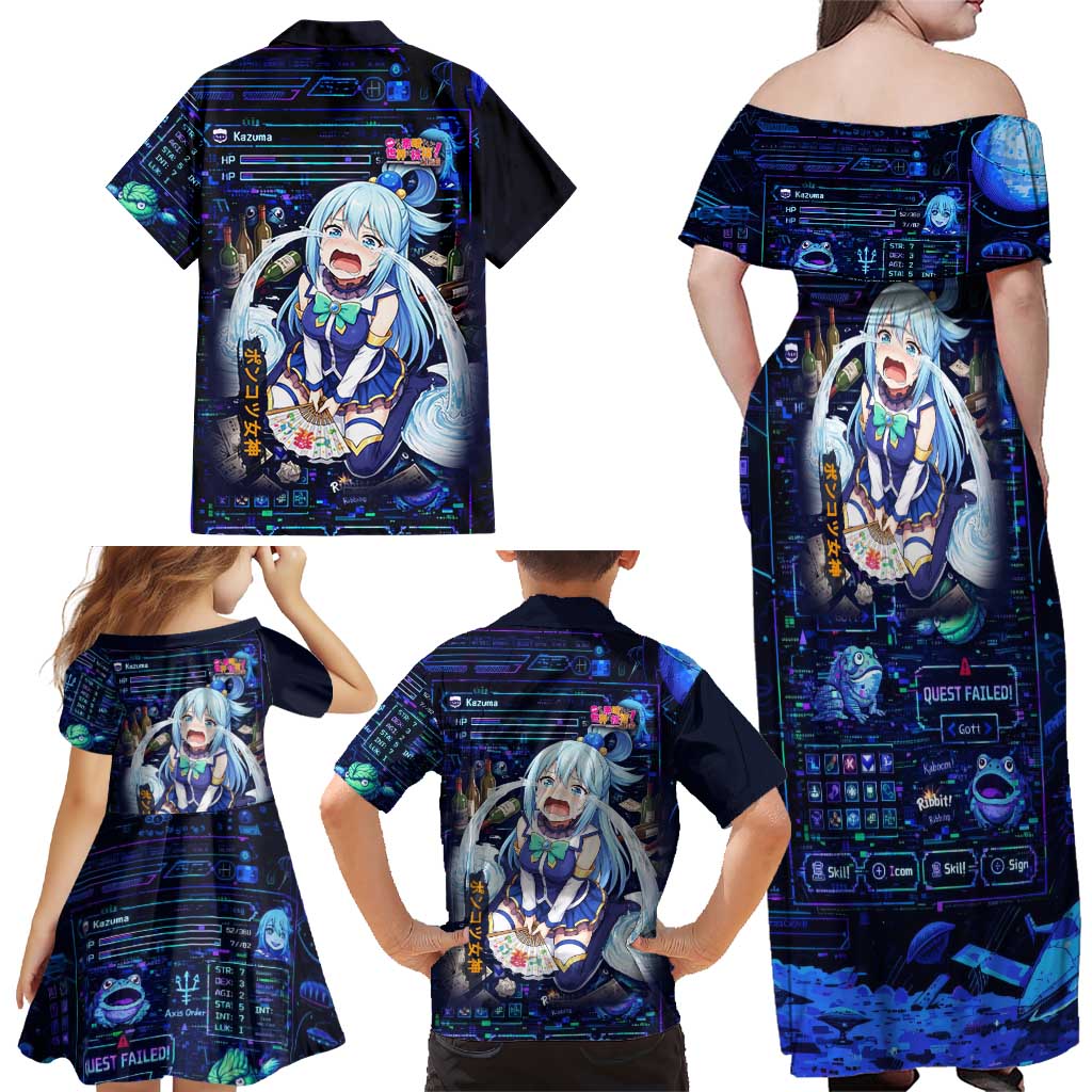 Aqua Axis Order High Priestess Family Matching Off Shoulder Maxi Dress and Hawaiian Shirt Retro Anime RPG Interface Style